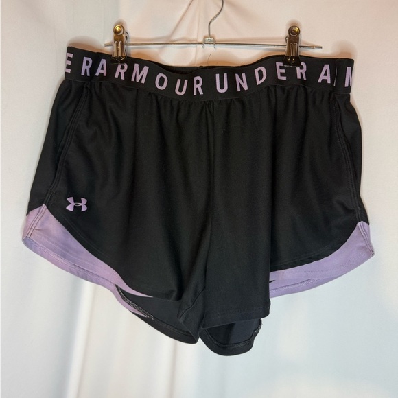 Under Armour Black and Purple Athletic Shorts with Moisture-Wicking Fabric - Picture 1 of 2
